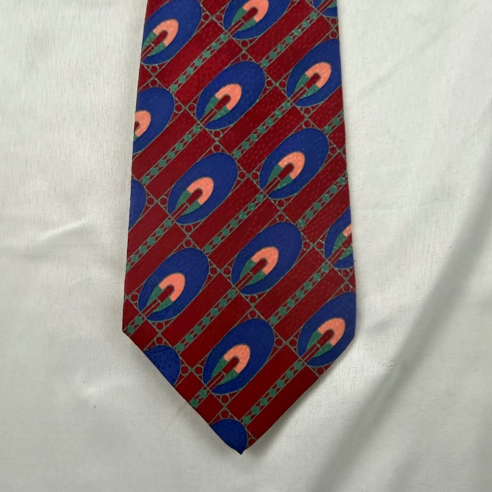 Brioni Necktie Mens 58x3.75 Red Blue Geometric Silk Barneys NewYork Italy Luxury